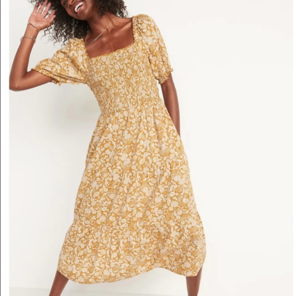 Old Navy Floral Fit & Flare Puff-Sleeve Tiered Midi Dress Mustard Color